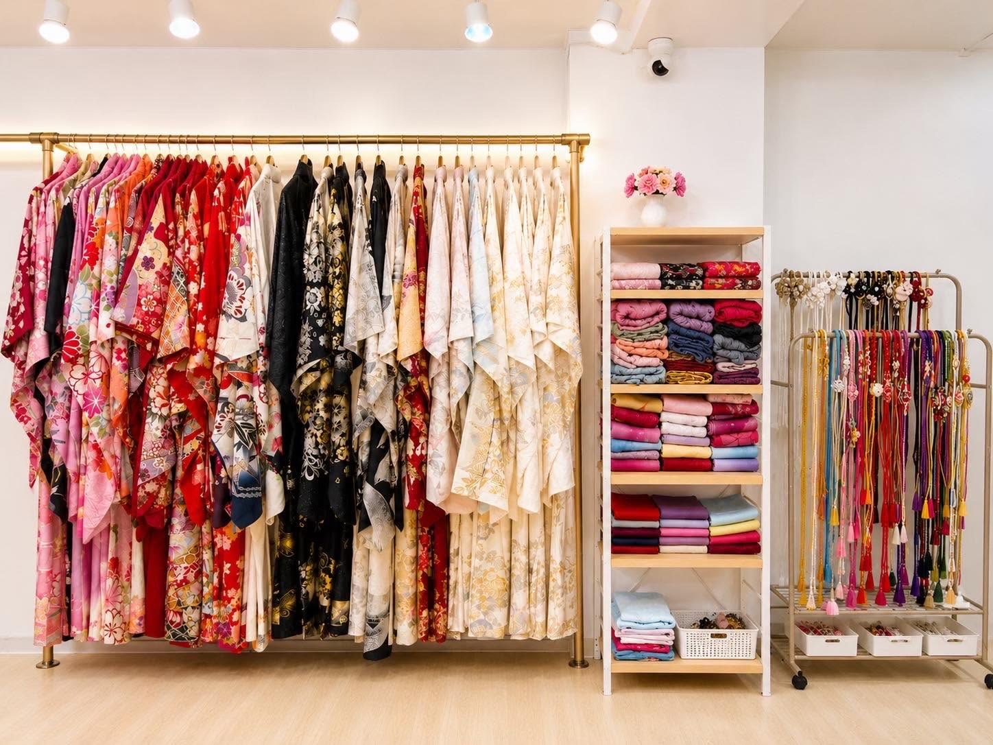 Racks of kimono, folded obi and accessories at the ANN studio